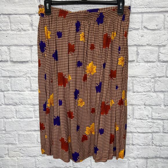 Vintage Houndstooth A-Line Midi Skirt Size 16 Brown Leaves Pleated Made in USA - Picture 5 of 6